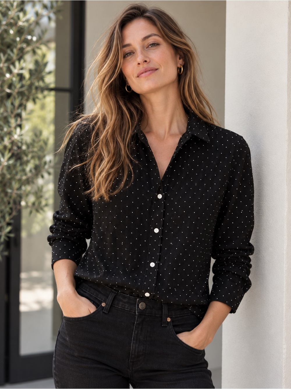 Frank & Eileen Corduroy Black Polka Dot Button-Down Shirt - Women's Top XS